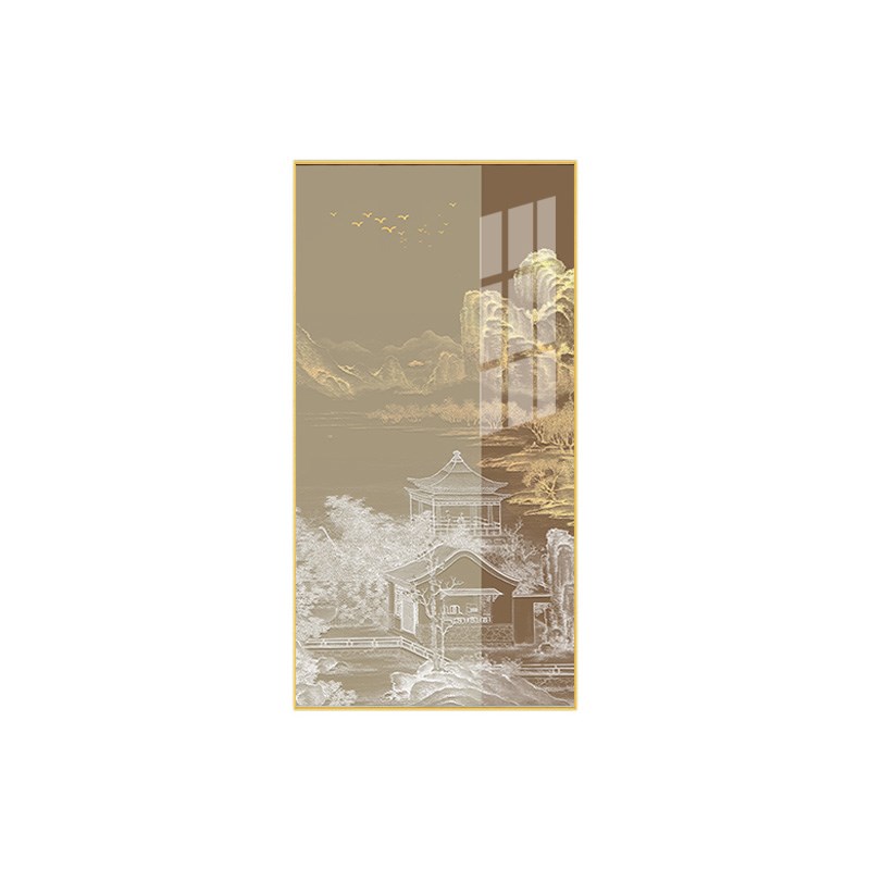 新中式别墅中国风建筑进门玄关装饰画走廊过道挂画竖版壁画晶瓷画图片