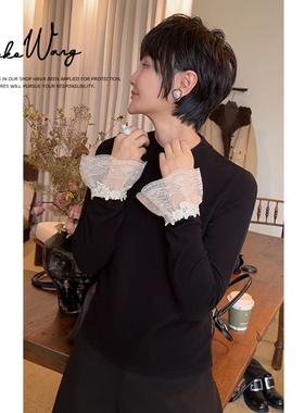 KOKO WANG【墨韵】秋冬轻奢修身拼接蕾丝袖时尚打底衫N0685J27T43
