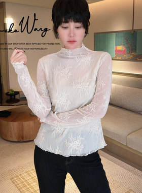 KOKO WANG秋冬法式手绣梨花线条裁剪蕾丝高领打底衫 N0685J14T51