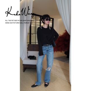 N7345L31K06 劳伦牛仔水洗高腰直筒洋气潮流破洞牛仔裤 KOKO WANG