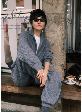 KOKO WANG【松弛邂逅】100澳洲羊毛绞花针织衫卫裤套装N6845J05Z0