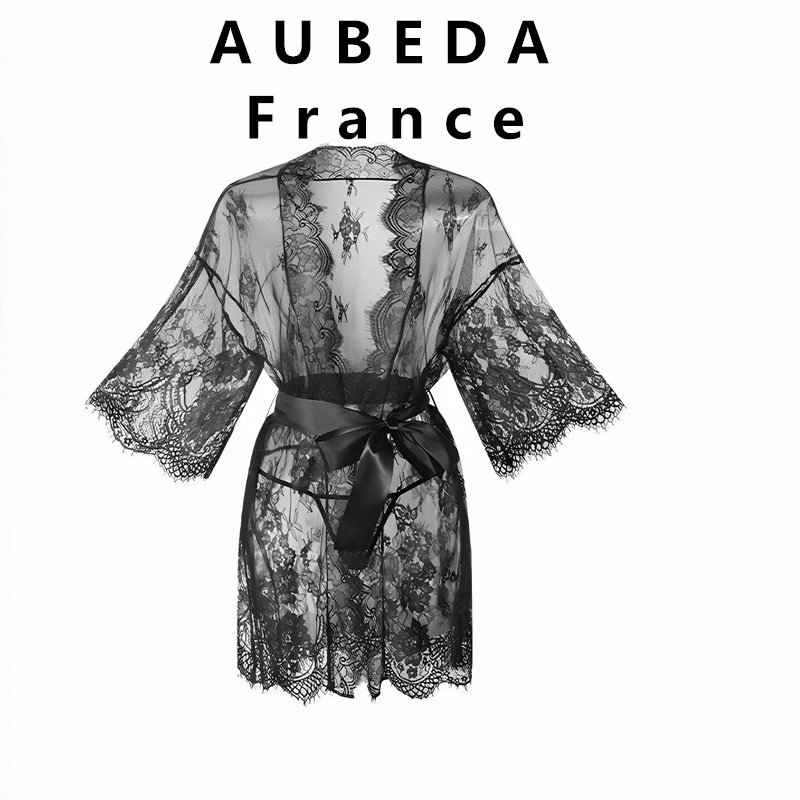 法国 Aubeda 法式性感镂空蕾丝薄款睡衣女士纯欲宽松舒适浴袍睡袍