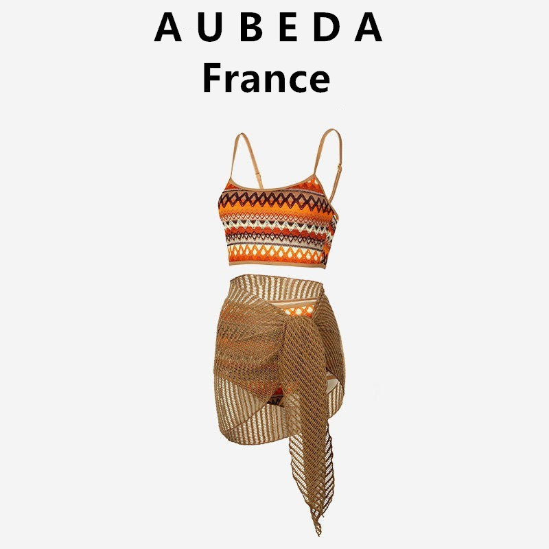 法国 Aubeda 高级感针织聚拢小胸显白三件套比基尼度假沙滩泳衣女