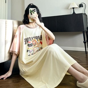 大版 卡通可爱插肩袖 薄款 拼色睡裙女生夏季 V宽松长裙家居 纯棉短袖