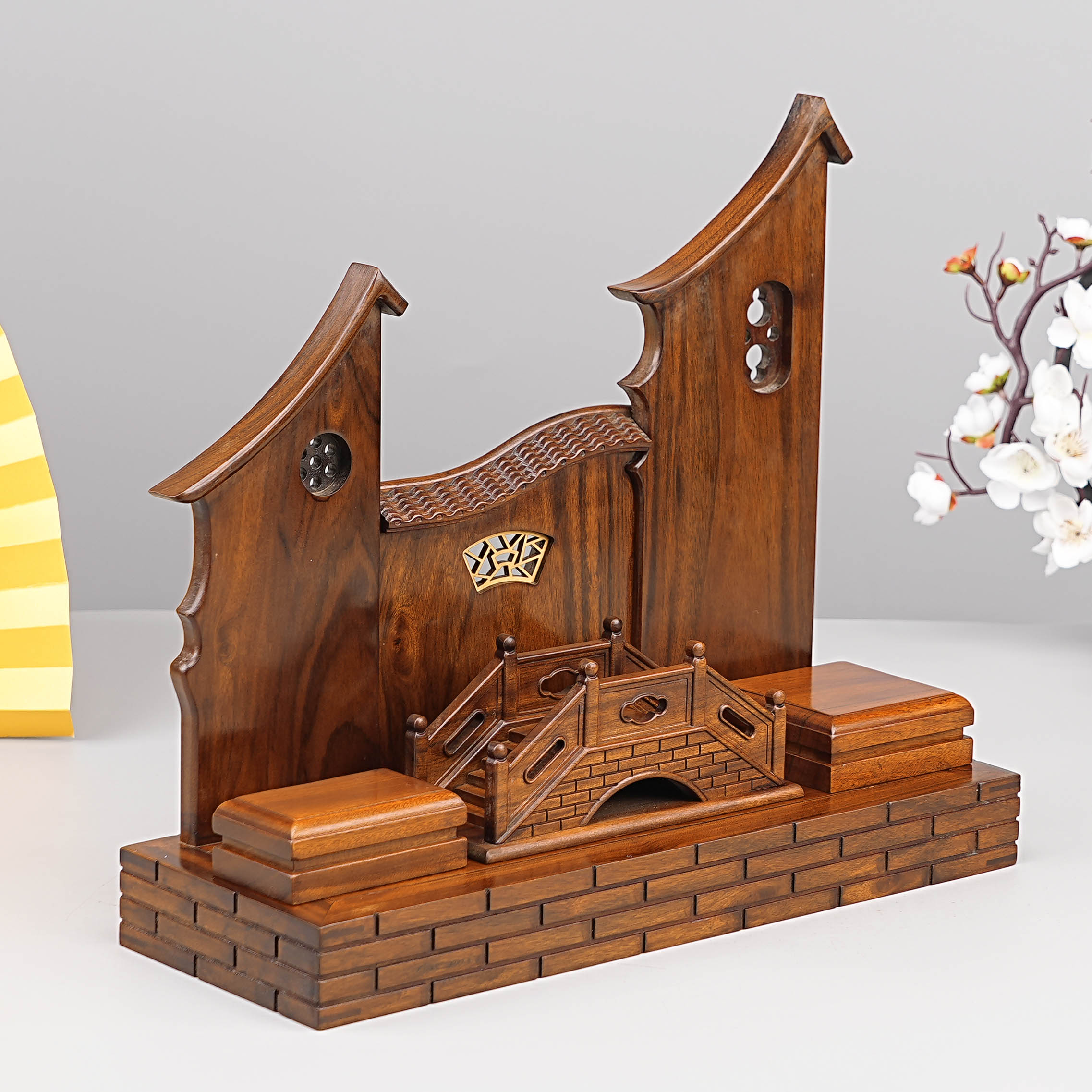 实木雕木质摆件微型仿古明清门庭院墙落吊玉架挂玉架首饰品展示架