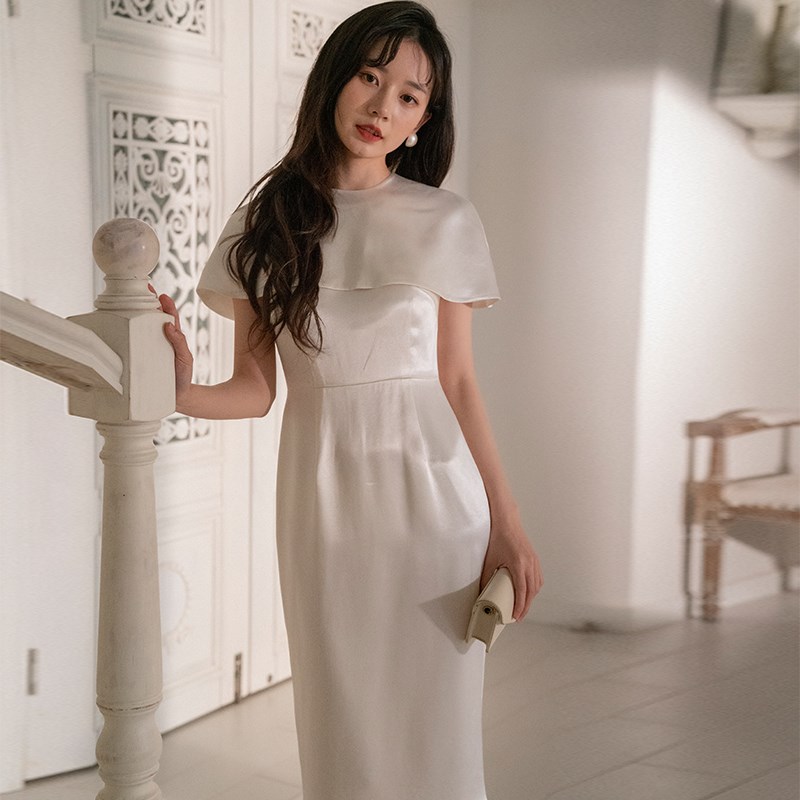 法式别致白色连衣裙2024夏季新款定制醋酸缎面高端订X婚礼服长裙