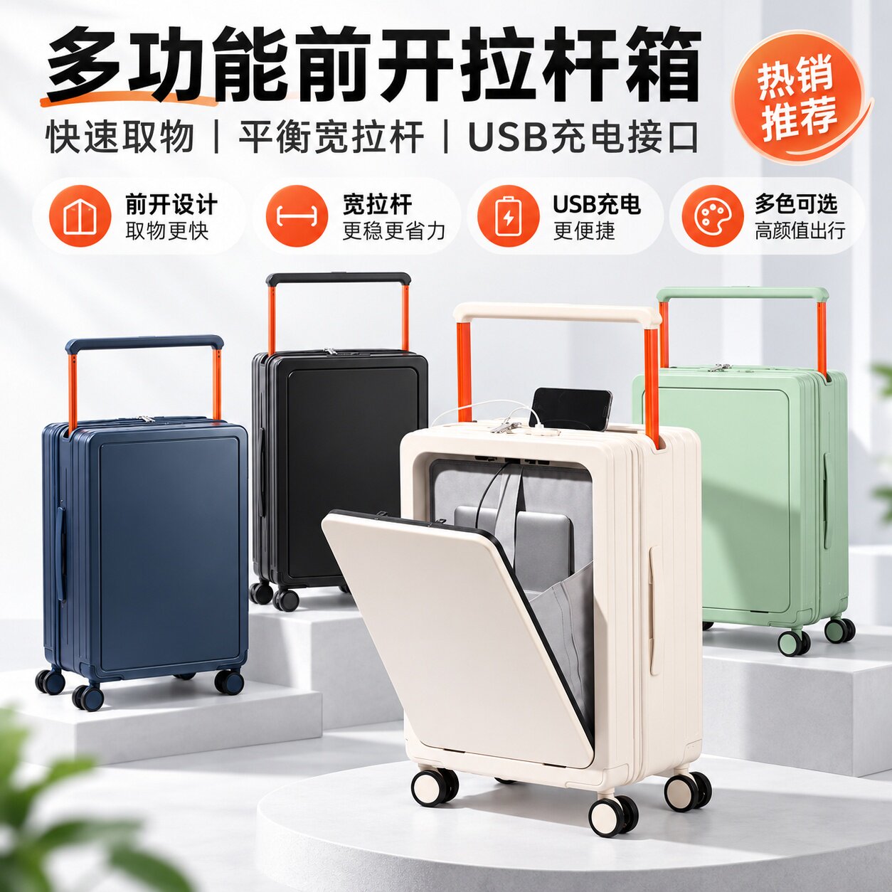 前开盖宽拉杆抗摔登机拉杆箱图片
