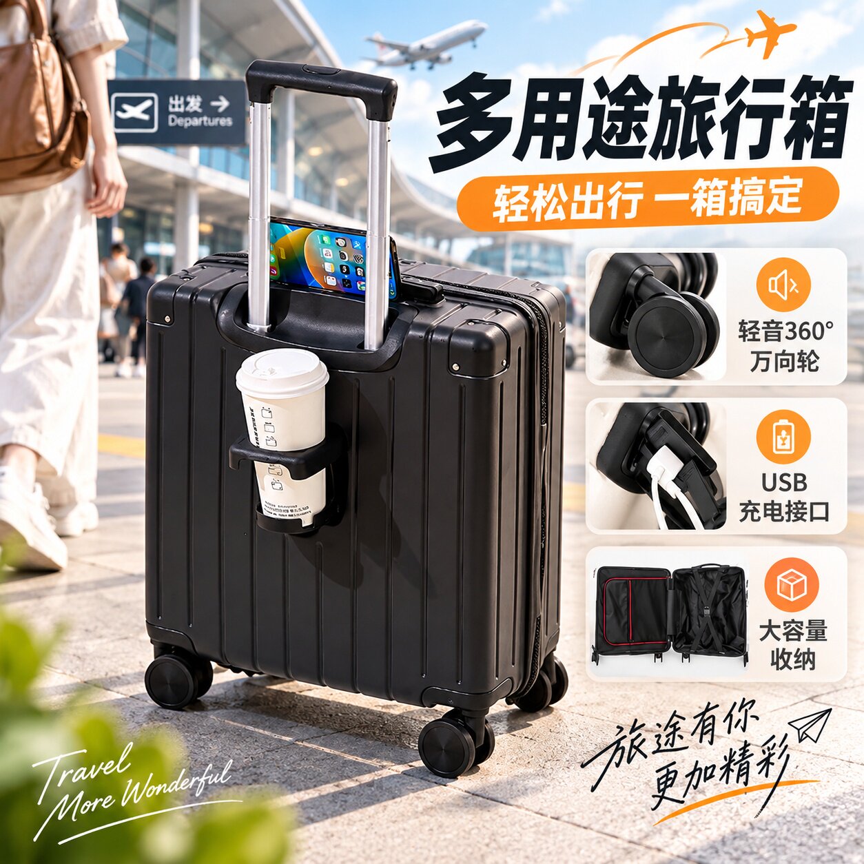 黑色多功能万向轮登机箱带杯架