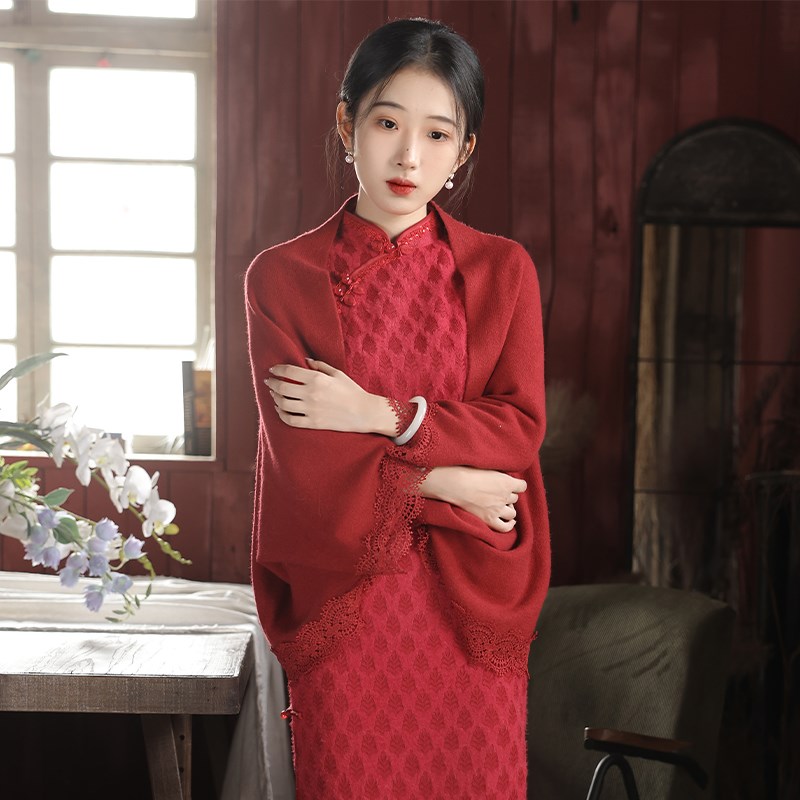 红色披肩妈妈旗j袍外搭秋冬季婚礼斗篷新娘针织开衫敬酒服结婚披