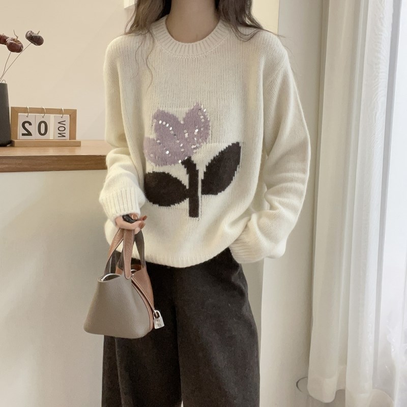 甜美亮片花朵软糯羊绒毛衣女2024冬季新款欧货慵U懒宽松套头上衣