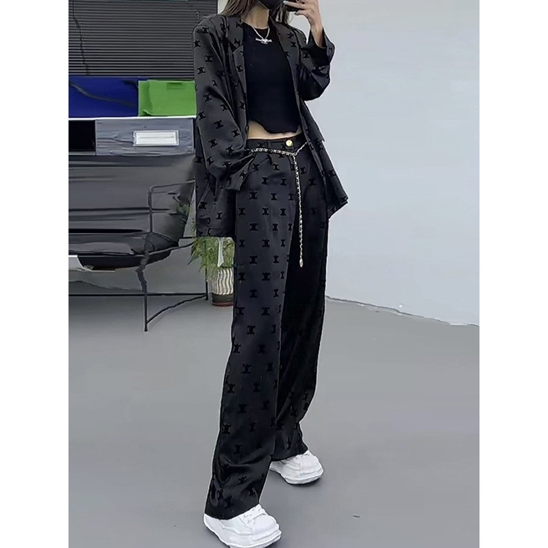 时尚套装女两件套春秋新款气质A高级感垂感休闲裤黑色宽松西装外