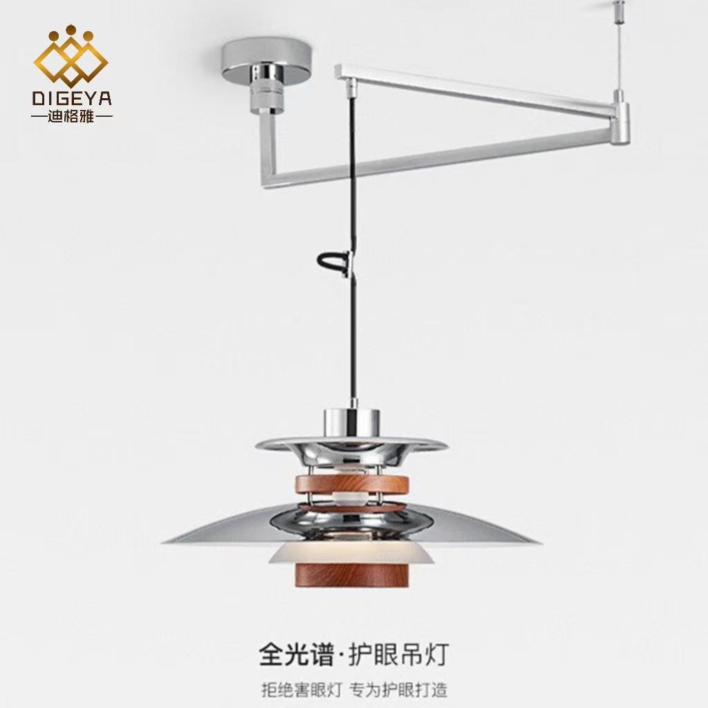 迪格雅中古风餐厅茶室可以移动摇臂吊灯复古胡桃木饭桌护眼吊灯具