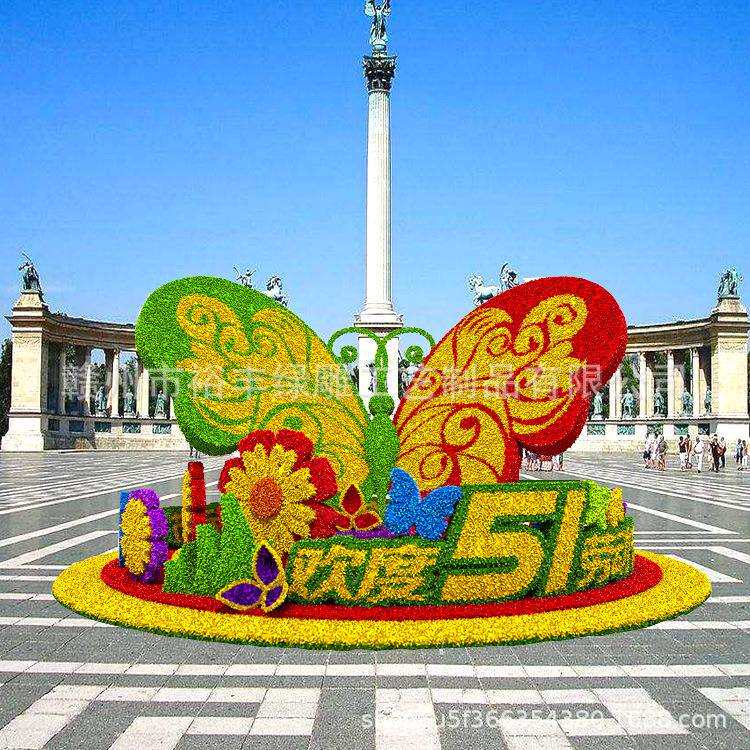 户外园林仿真雕塑绿雕五一 景观植物绿雕造型绢花美陈劳动节摆件