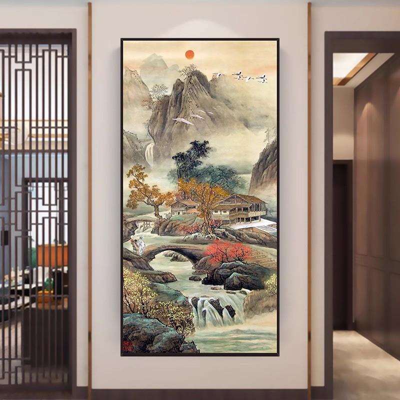 入户聚宝盆山水画挂画玄关画竖版八方来财装饰会客室走廊过道壁画