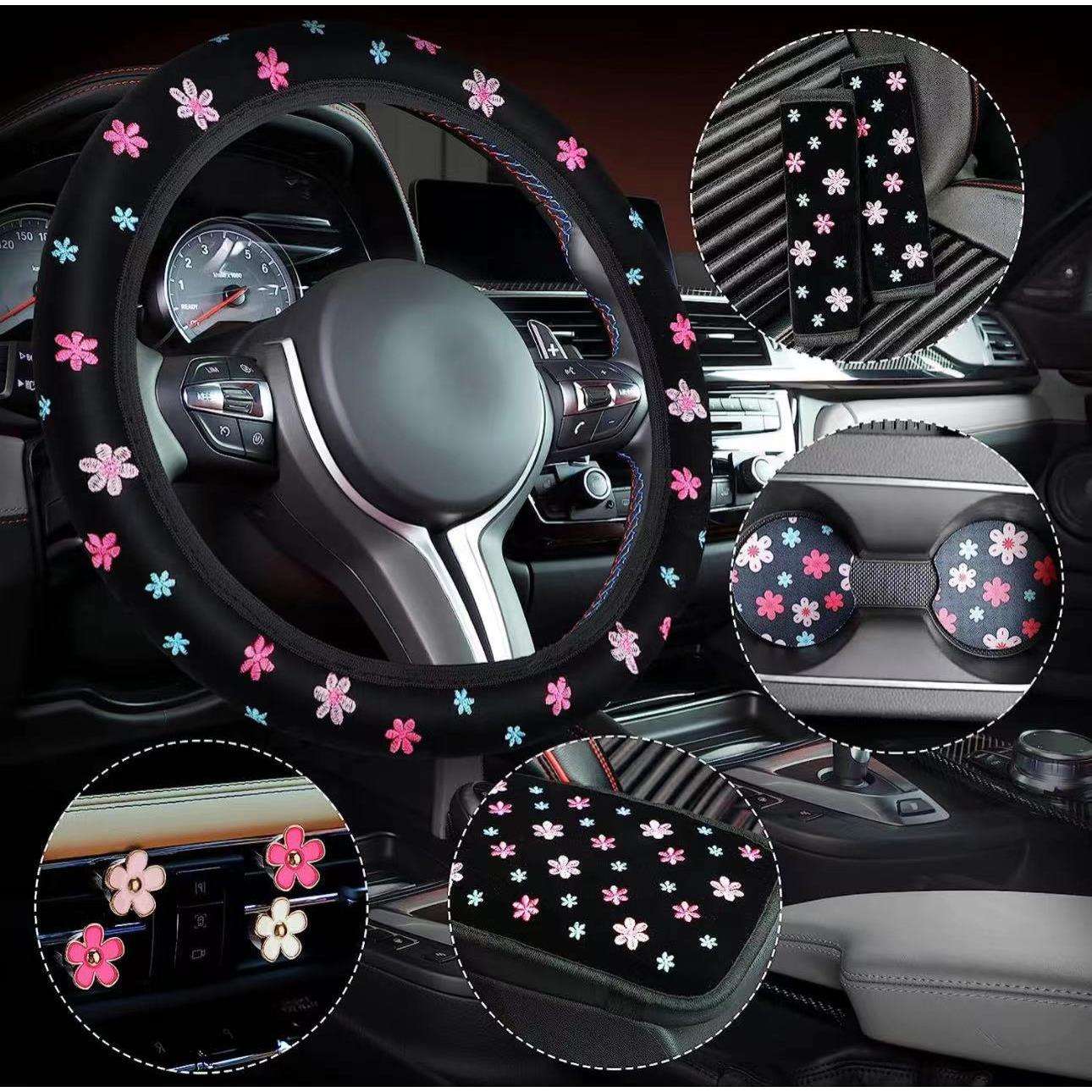 跨境刺绣方向盘套套装10件套护肩扶手箱垫杯垫出风口汽车花朵夹
