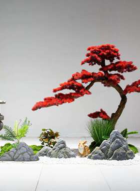 仿真树迎客松红色美人松新中式酒店橱窗楼梯室内绿植摆件景观造景