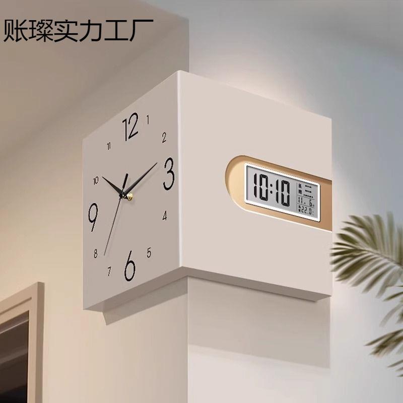 客厅拐角时钟画新款转角电子钟表挂画高级感万年历双面墙客厅壁钟