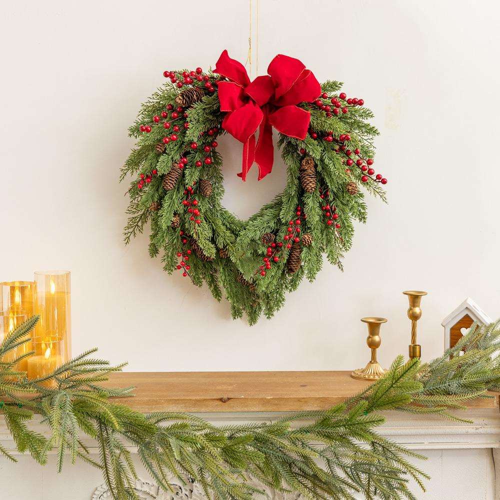 美美 跨境新品Temu圣诞节50CM花环浆果蝴蝶结前门门挂家居装饰品