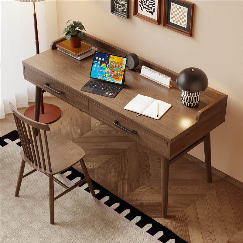 实木带抽屉办公桌家用卧室双人电脑桌靠墙原木書桌靠窗工作台