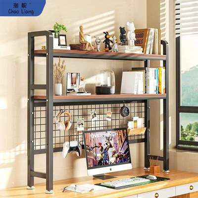 书架带网格书桌收纳置物架一体宿舍桌面多层铁艺架子学生收纳实木