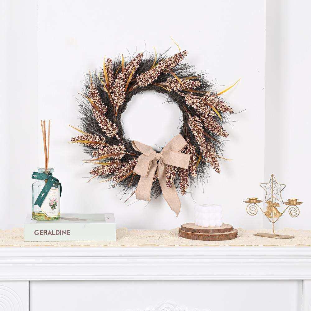 跨境新款万圣节麦穗蝴蝶结花环 丰收节藤圈花环家居装饰壁挂门饰