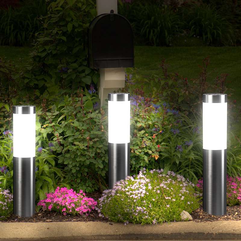 跨境太阳能不锈钢3led圆柱形草坪灯户外防水庭院别墅地插灯厂家