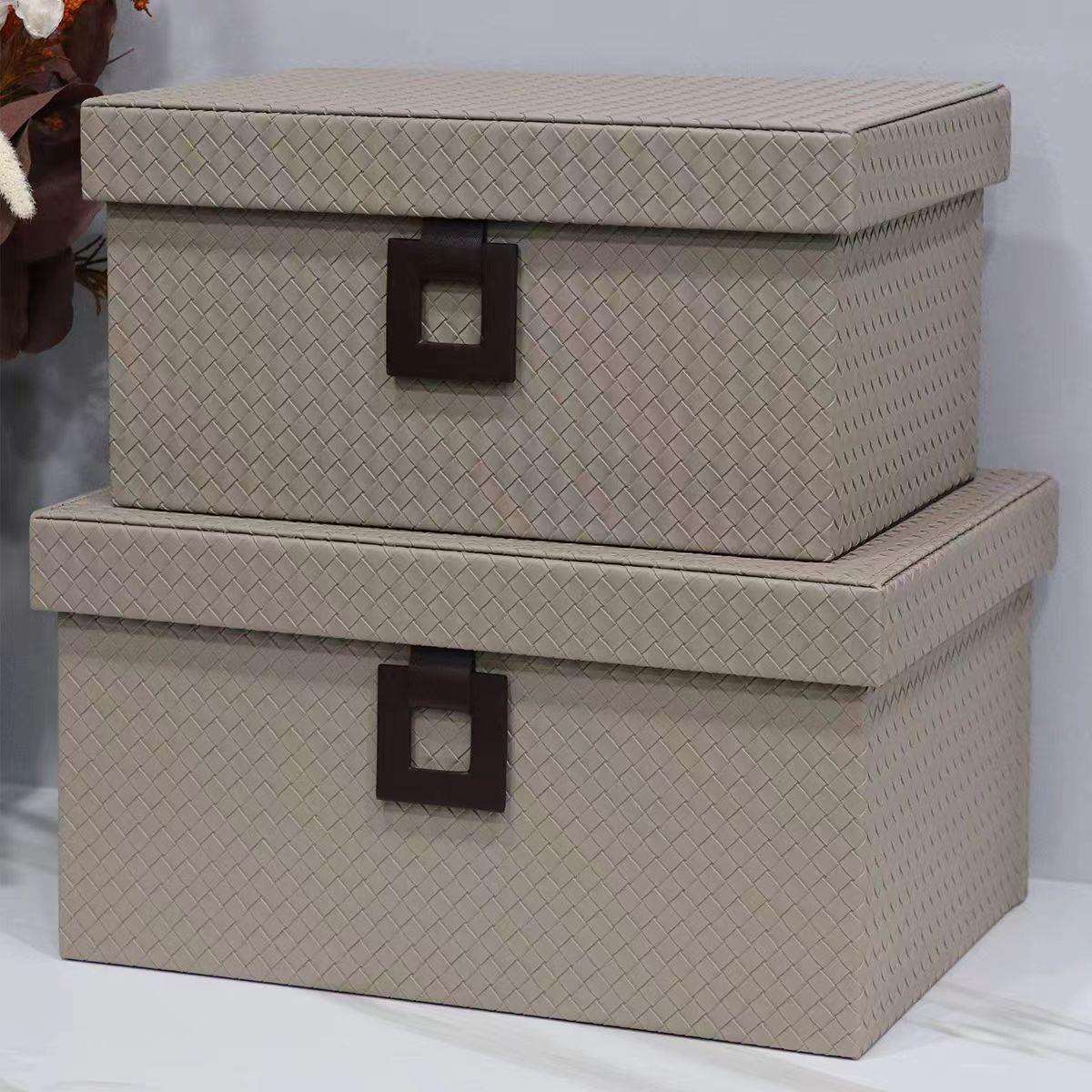 米白色皮质编织纹收纳箱卧室家居柜顶大衣帽间样板房装饰品摆件