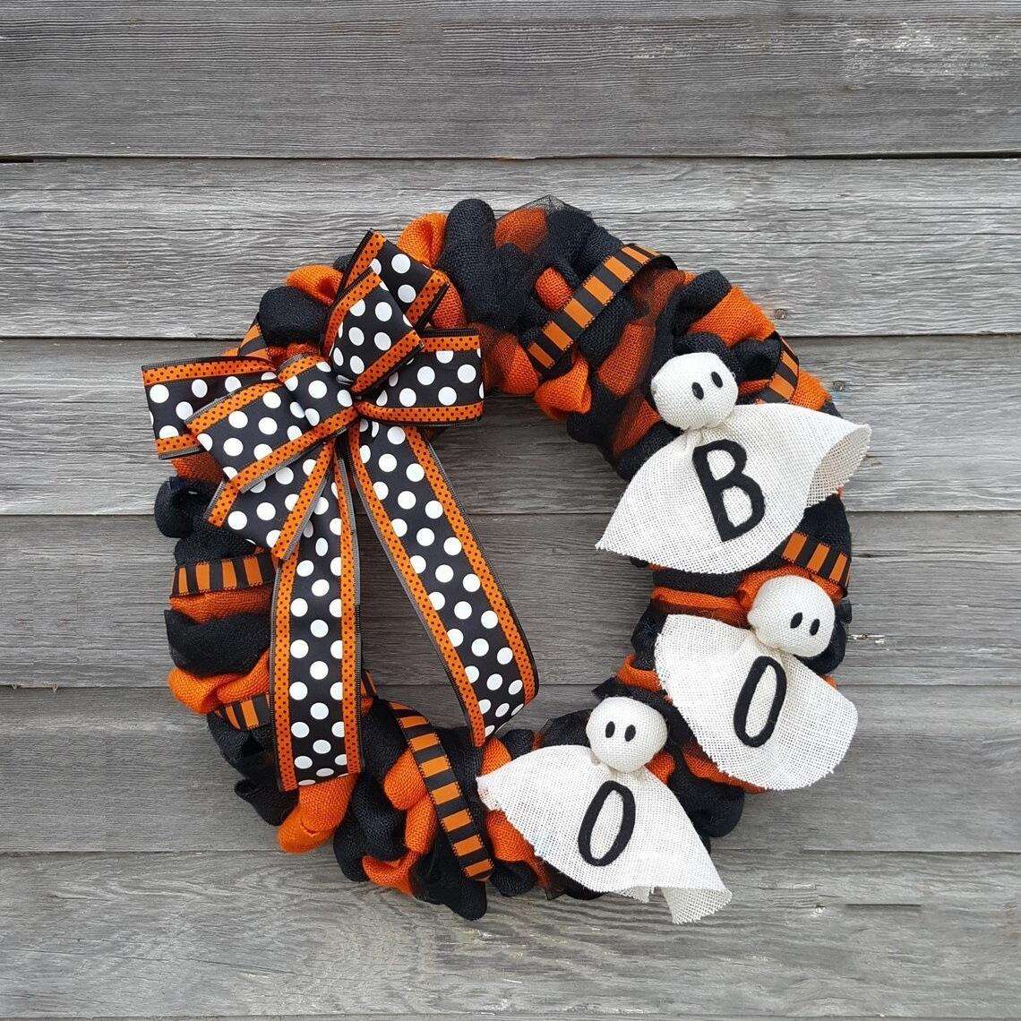 豪贝新款万圣节装饰品 鬼节前门挂件花环BOO幽灵花圈挂件酒吧布置