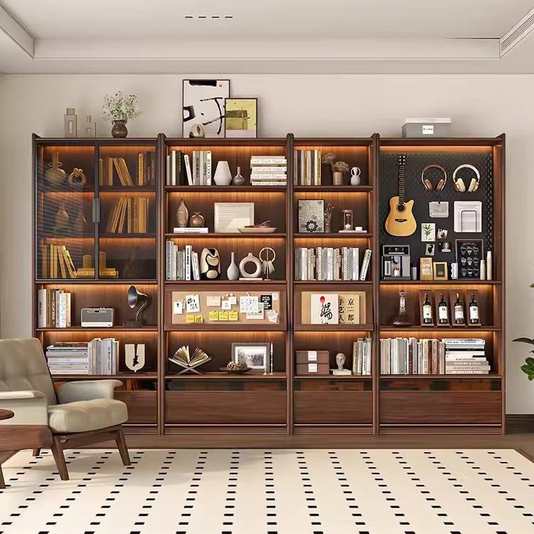 北欧黑胡桃木全实木书柜整墙置物架现代简约樱桃木展示柜组合书架