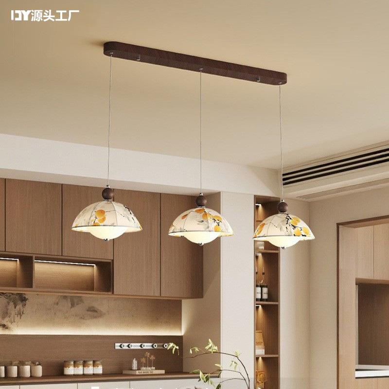 餐厅吊灯法式复古中古风胡桃木色布艺印花创意宋式美学吧台吊线灯