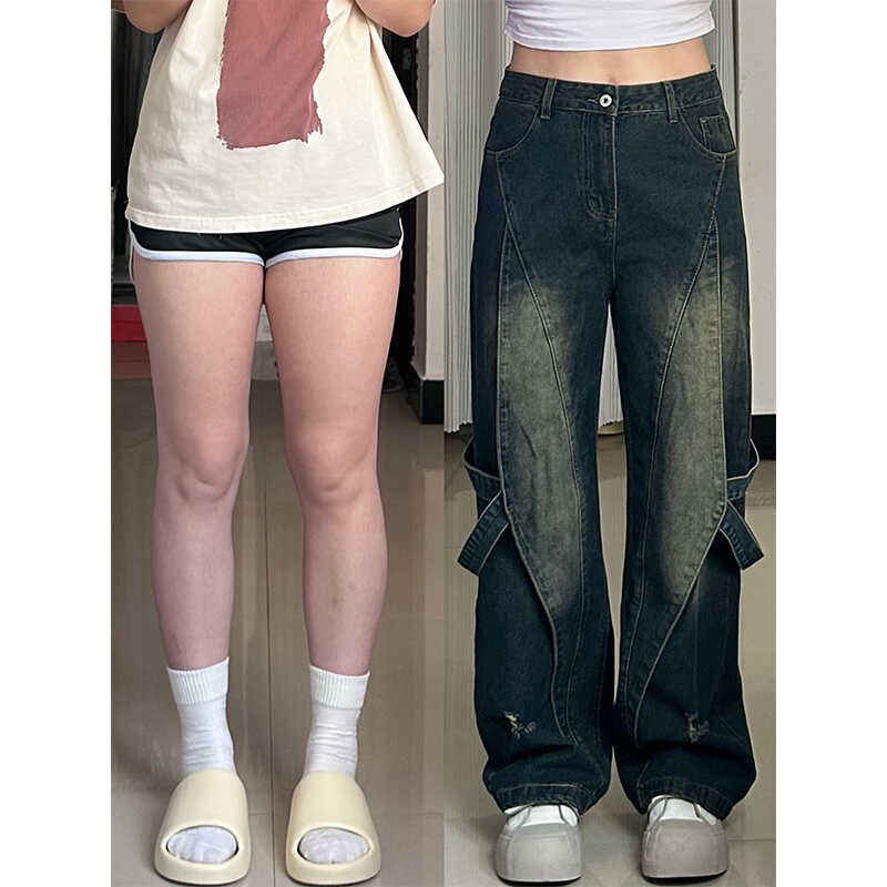 300斤胖mm大k码女装裤子高街水洗牛仔裤女秋季拼接设计感阔腿裤潮