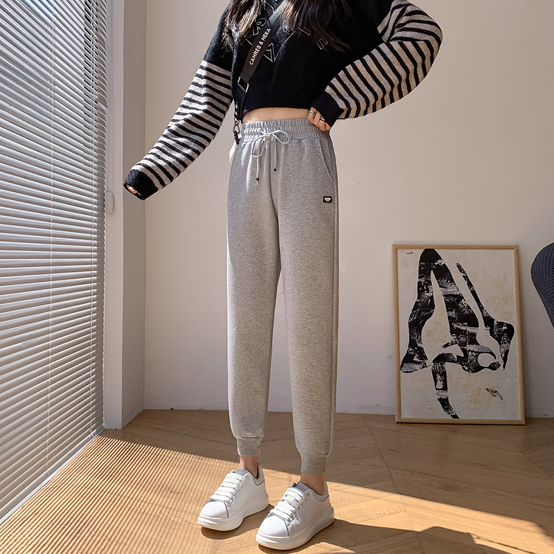 运动裤女a春秋宽松高腰显瘦束脚哈伦休闲小个子加绒加厚八分卫裤