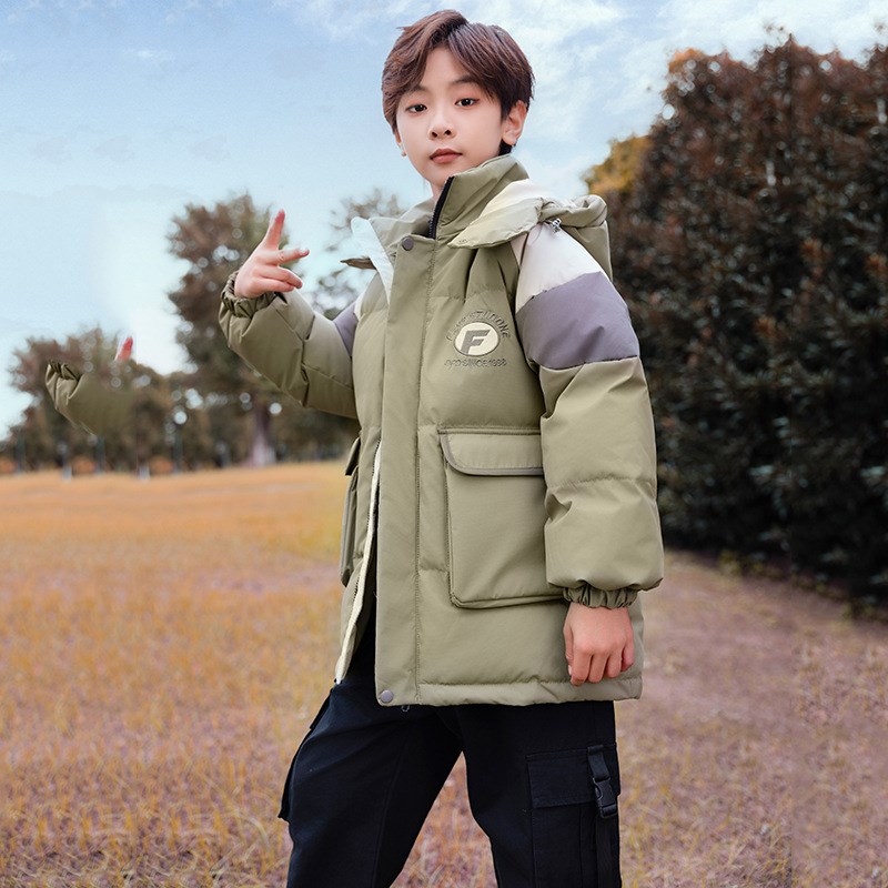 男童学生中长款宽松羽绒服加厚橘灰绿色外套大童连W帽棉袄衣棉服