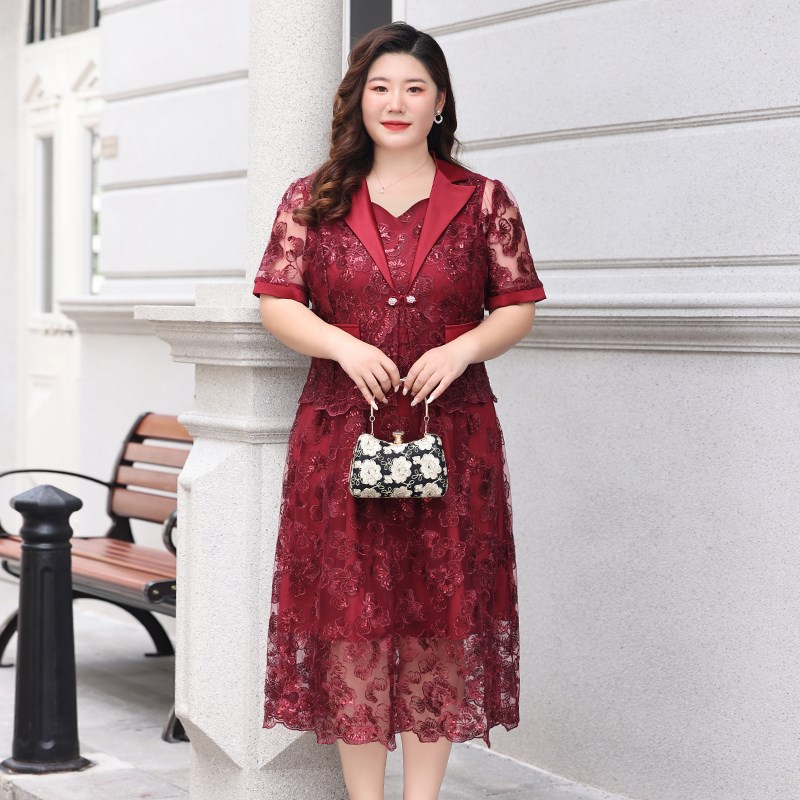 夏季新款连衣f裙套装喜妈妈婚宴礼服洋气时尚宽松减龄喜庆大码女