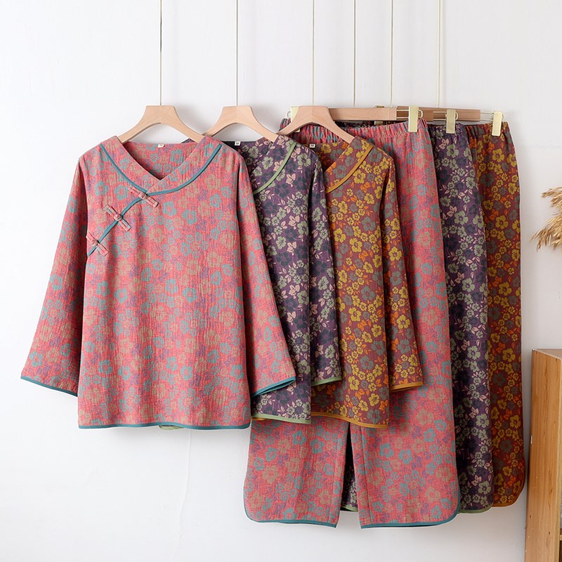 纯棉纱布睡衣女春秋开衫长袖双层复古风中年妈妈全棉麻家居服套装