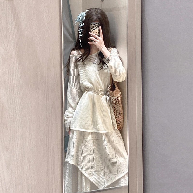 2025新款韩系高级白色吊带连衣裙子女夏季慵懒风罩衫搭配套装长裙