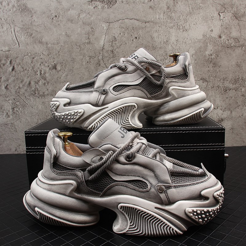 网红爆款男鞋休闲鞋2024新款秋季真皮厚底增高老爹鞋网面运动鞋男