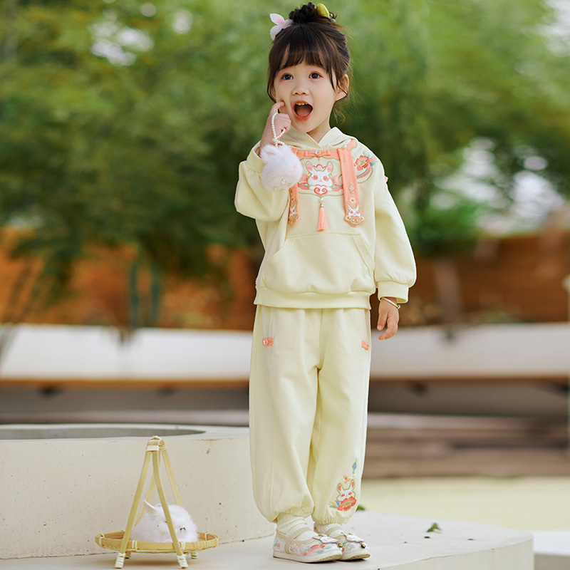 女童汉服春秋装儿童卫衣裤子套装宝宝中I国风改良版两件套-春兔谣