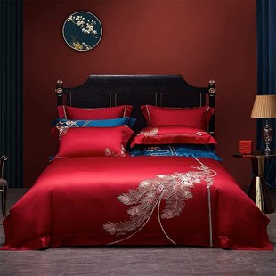 高档结婚床上用品婚庆四件套酒红色中式 被套 刺绣花婚礼双人床单式