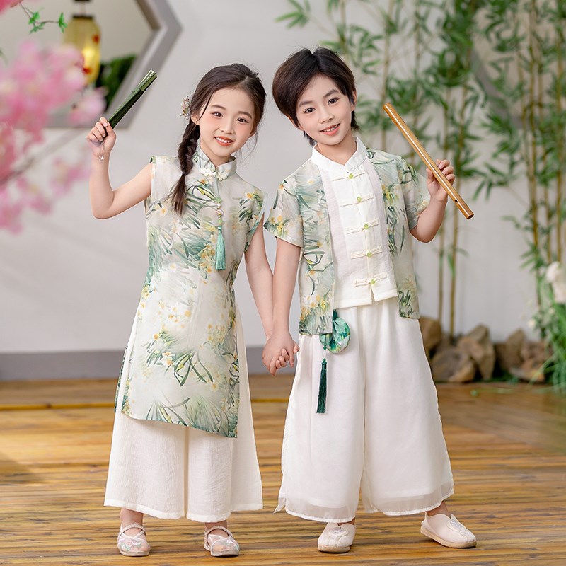 儿童汉服女孩旗袍裙子男童古风套装夏季短袖兰花草超仙国风表演服