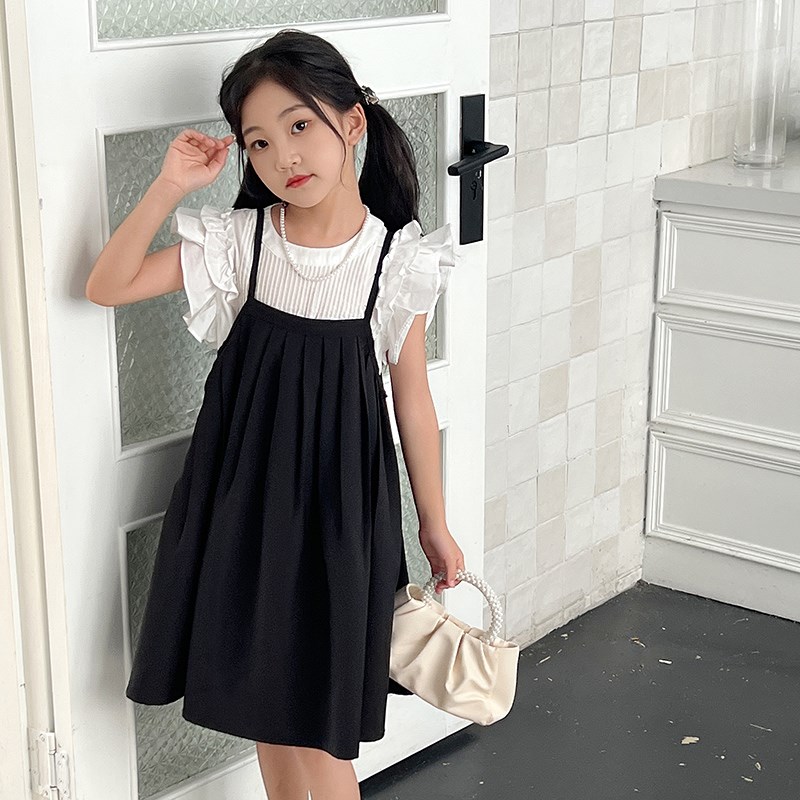 女童夏季连衣裙套装小飞袖衬衣女孩中长款吊带背心T裙子童装背带
