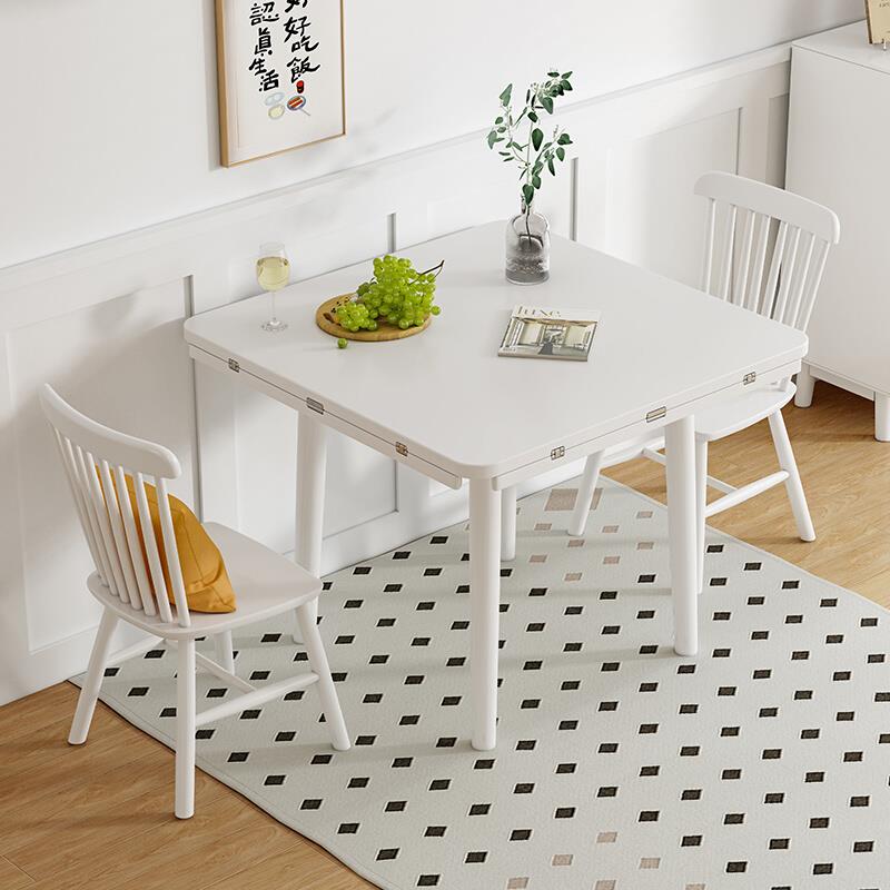 。北欧全实木餐桌折叠桌家用伸缩圆桌白色现代简约饭桌小户型四方