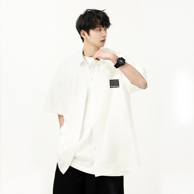 白色冰丝短袖衬衫男夏季薄款凉感透气情侣半截袖复古港风衬衣外套