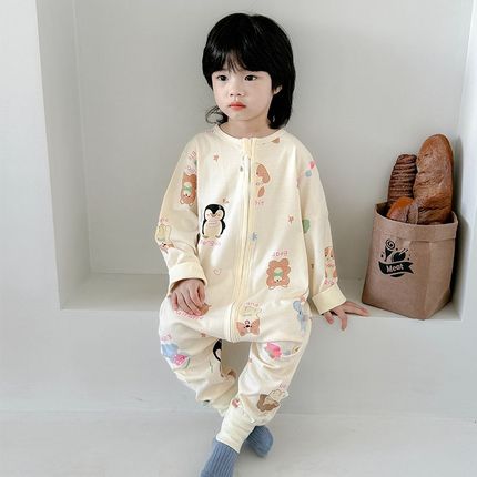 儿童睡衣连体睡袋春秋冬款纯x棉男童连身家居服女宝宝防踢睡袍a类