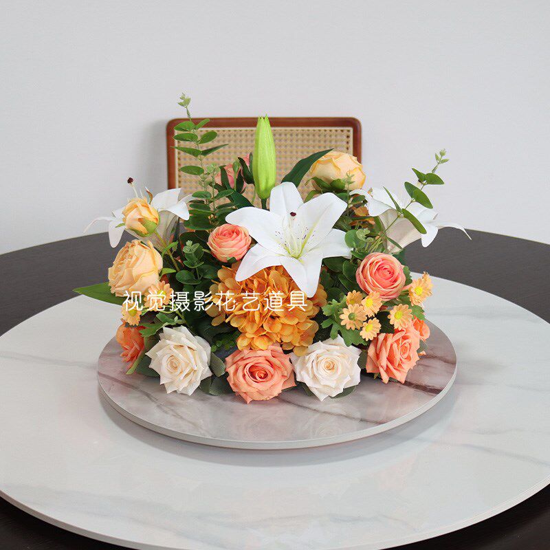 长形酒店餐桌中间摆花餐厅圆桌桌花宴会装饰花艺会议室桌面摆件花