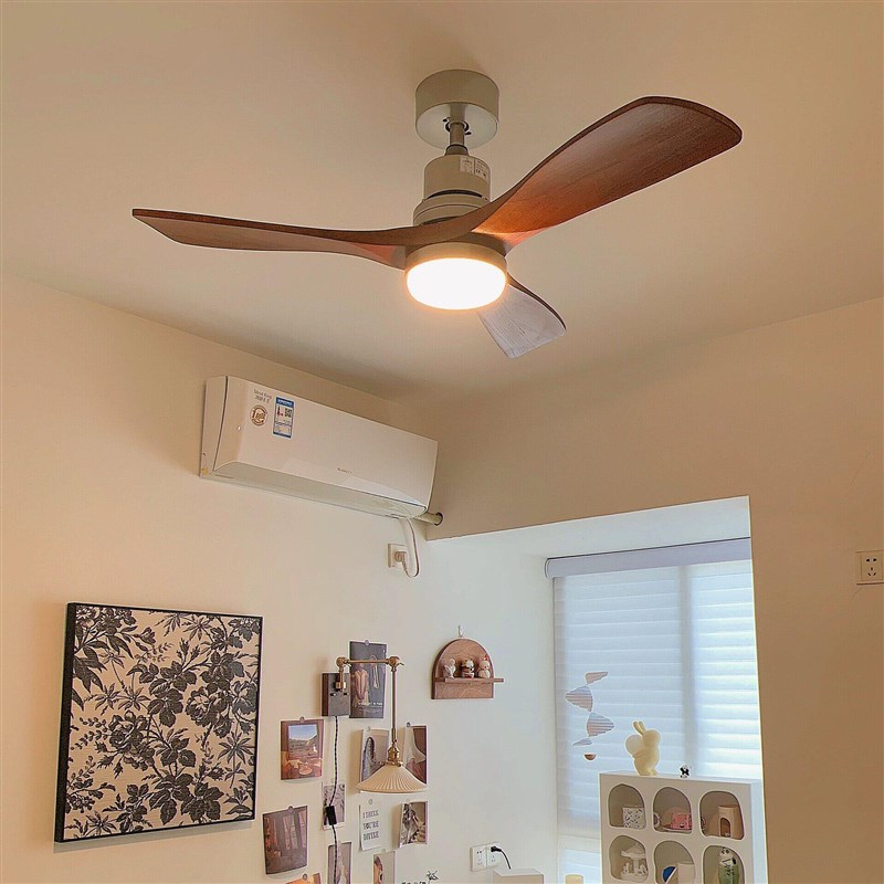 中古风包豪斯客厅实木风扇灯复古美式法式家用卧室餐厅吊扇一体灯