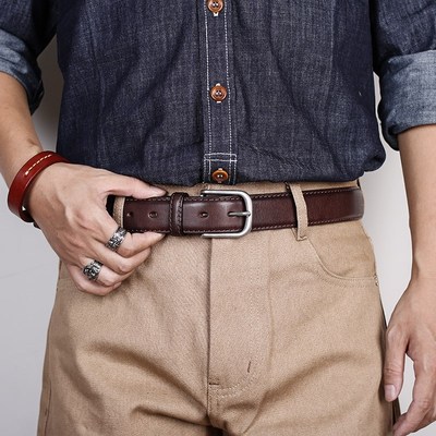 高端头层纯牛f皮针钢扣皮带男款复古真皮休闲商务西裤正装腰带男