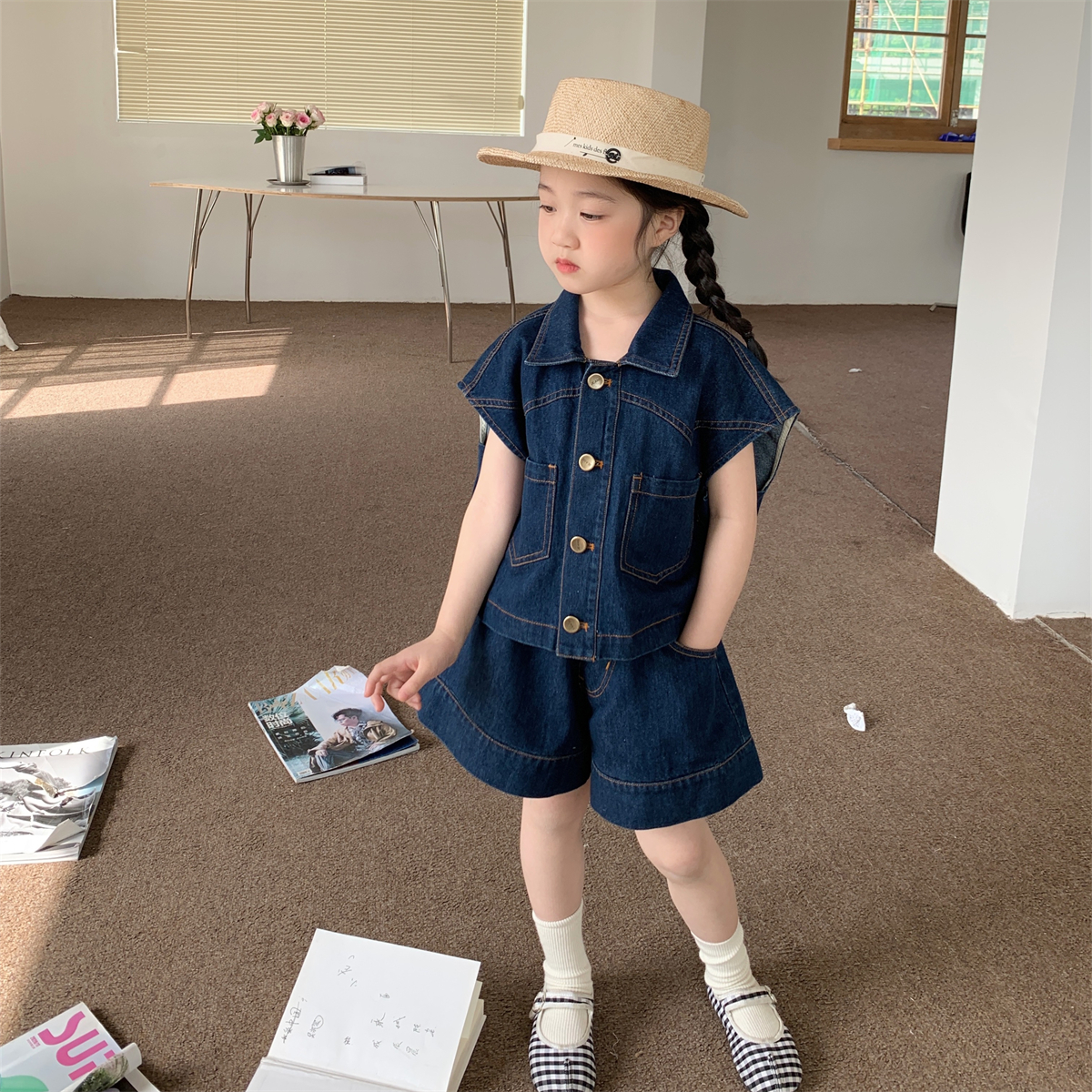 夏季新品a女童复古水洗牛仔无袖外搭背心套装韩版宝宝时髦裙裤两