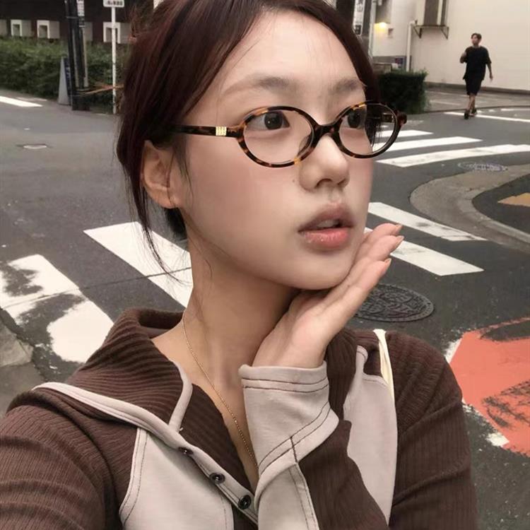 复古椭圆形眼镜女小框Y2K高级感书呆子豹纹眼镜框架可配近视度数