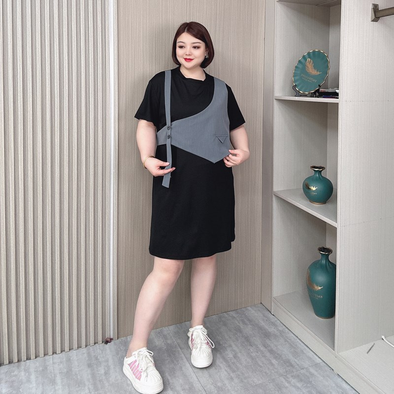 设计感假两件拼i接短袖连衣裙女夏季新款大码女装宽松显瘦T恤裙子